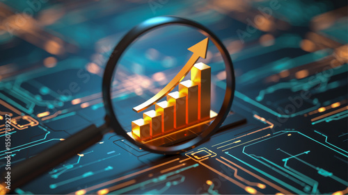 A digital business analytics and data visualization concept image with a glowing 3D bar chart rising upward through a black magnifying glass.
