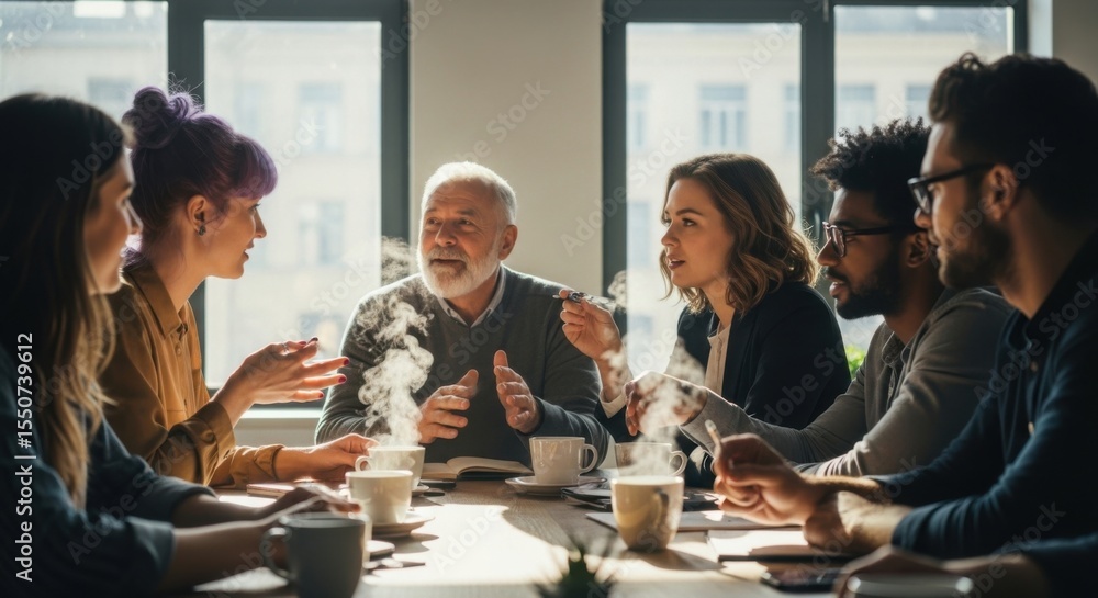 Obraz premium Diverse team of professionals collaborating actively in a modern office meeting room discussing business ideas
