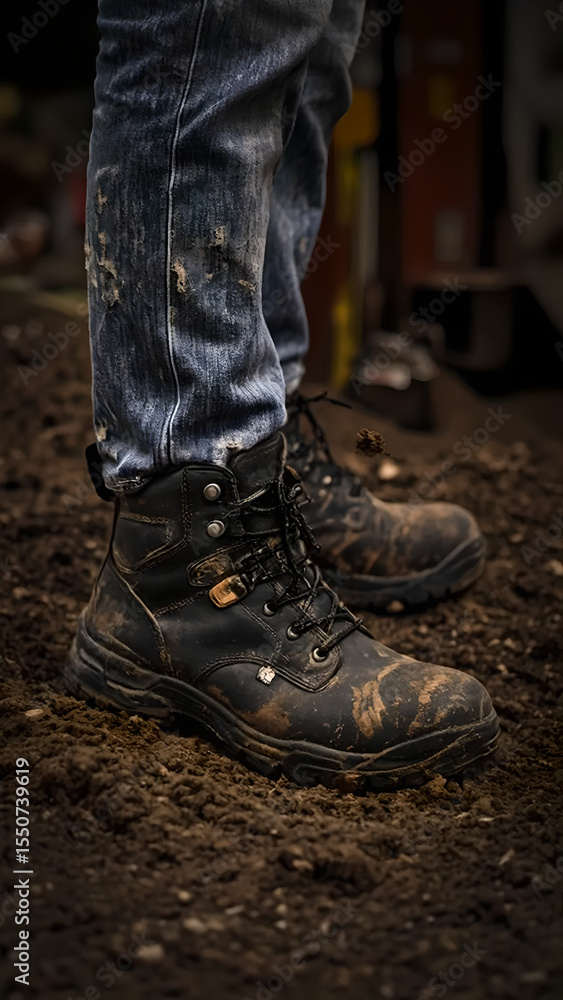 Worker wearing safety shoes in factory or construction site. Work safety concept, vertical image. Worker wearing safety shoes in factory or construction site. Work safety concept, vertical image.