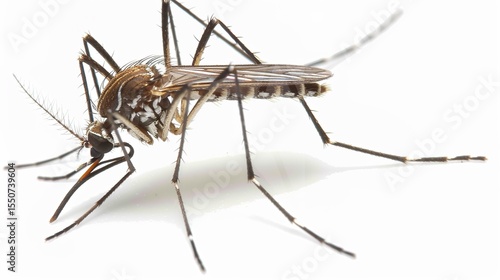 Mosquitoes on a White Background – a sharp and scientific visual. The clean white backdrop highlights the detailed form of mosquitoes in a clear and focused manner.
