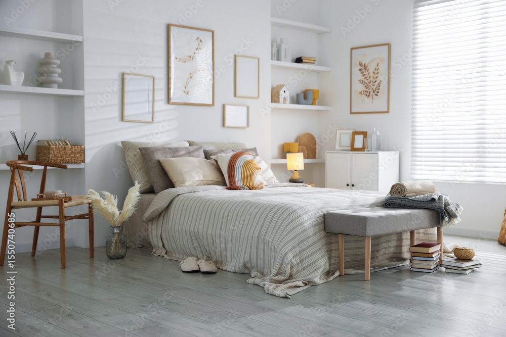 Comfortable bed with soft linens in room. Home textile Comfortable bed with soft linens in room. Home textile