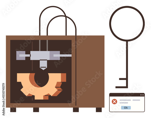 3D printer crafting a gear, security key symbol, and alert window emphasize innovation, data protection, and vulnerability. Ideal for technology, manufacturing, security, hacking innovation