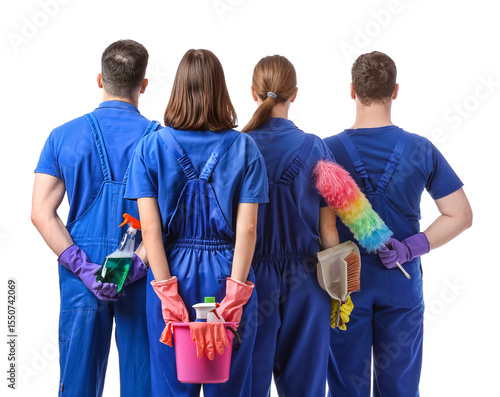 Team of young janitors with...