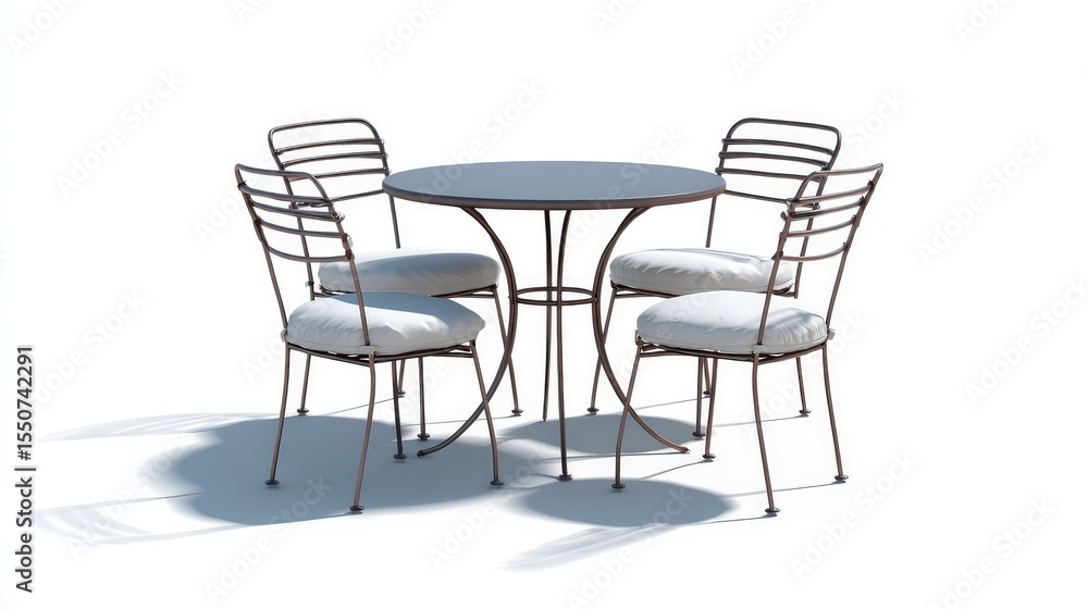 Fototapeta premium Modern outdoor dining set featuring a round metal table and four cushioned chairs designed for comfort and style in any garden or patio setting, perfect for relaxation and gatherings.