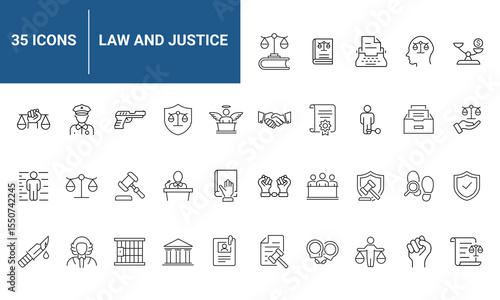 Law and justice set of web icons in linear style. Justice and law icons for web and mobile app. Legal documents. Law, judgement, prison, justice, court legal, lawyer, criminal. Vector illustration