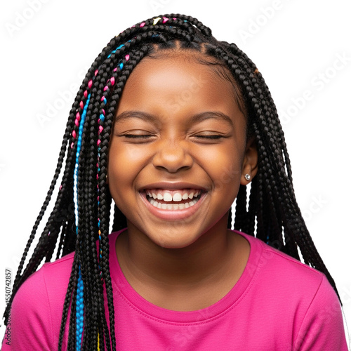 A young girl with braided hair and a pink shirt is smiling with her eyes closed on a black background