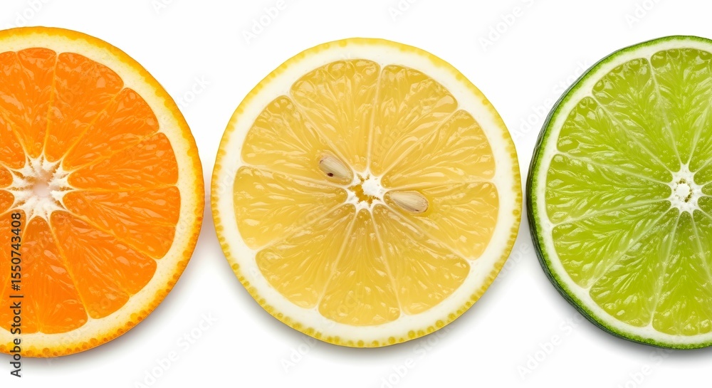 Fototapeta premium Top-Down View of Orange, Lemon, and Lime Slices in Horizontal Arrangement on Bright White Background