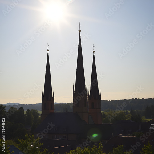 Spires and towers under the scorching summer sun around Tauberbishofsheim near frankfurt in southern germany