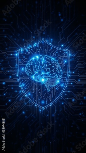 Blue circuit brain with tech shield on dark background