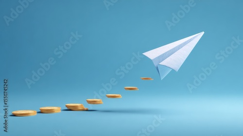 Paper airplane soaring towards golden coins, representing financial growth, investment success, and the journey of entrepreneurship in a minimalist setting.
