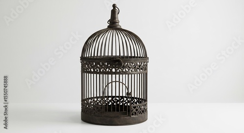 Elegant antique birdcage sits elegantly against a bright white background. AI Generated