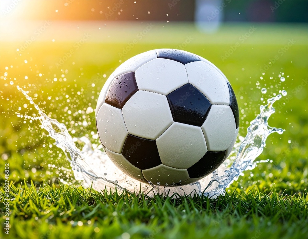 Fototapeta premium High Speed Action Shot of Soccer Ball Hitting Wet Grass with Water Splash Dynamic Sports Photography