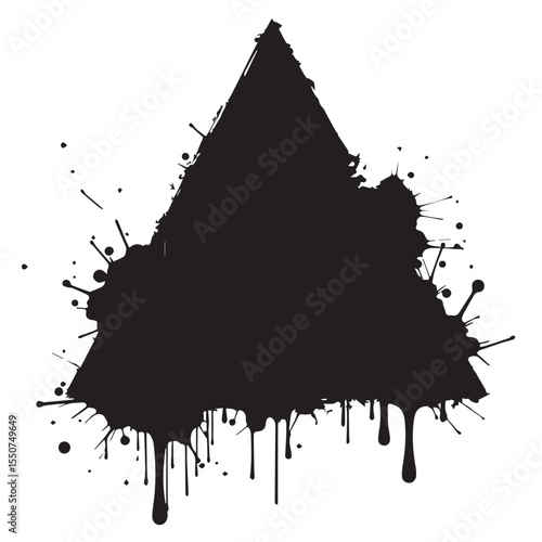Abstract black ink splatter triangle shape with dripping effect on white background
