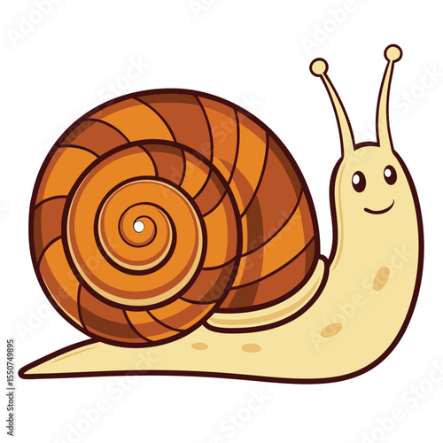 Adorable cartoon illustration of a smiling snail with a brown and orange spiral shell