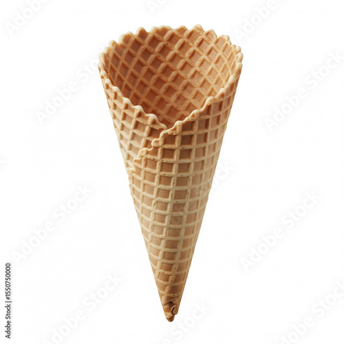 Empty waffle ice cream cone with textured surface isolated on white background