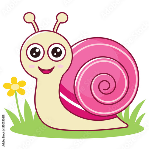 Adorable cartoon snail with pink shell smiling beside a cheerful yellow flower