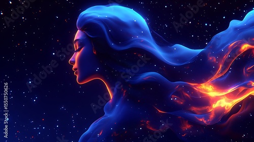 Nebula woman portrait with celestial energy and cosmic flowing silhouette