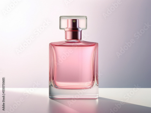 Pink perfume bottle on a white background, soft and elegant. No extra details — minimalist composition, gentle lighting, and a clean, luxurious aesthetic.