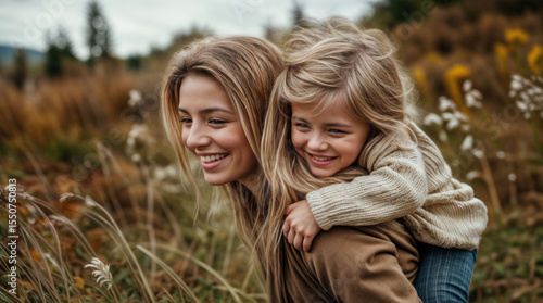 A child getting a piggyback ride on her mother's back. Both are smiling. They are outdoors. walking in a field. Motherhood. A loving family relationship.