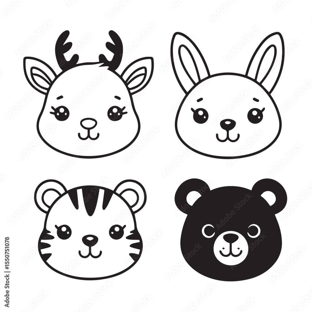 Fototapeta premium Cute kawaii animal faces featuring a deer rabbit tiger and bear in a simple line art style