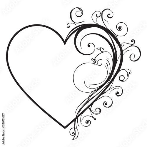 Elegant black heart shape with decorative swirling floral vines and curls on a white background