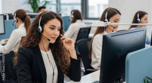 Young women wearing headsets working in a modern call center office providing customer service support