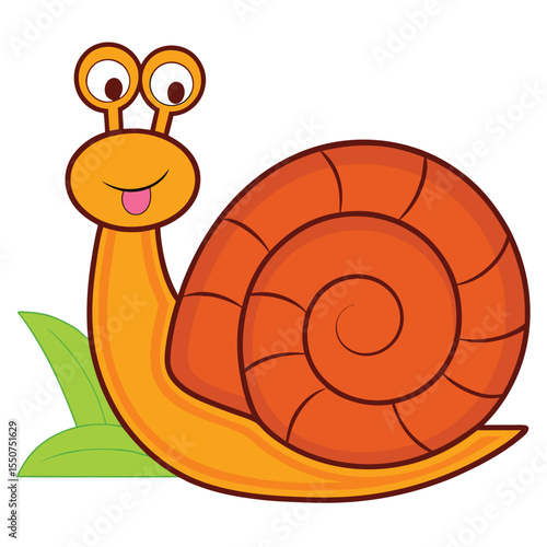 Cheerful cartoon snail with smiling face and orange shell beside a green leaf