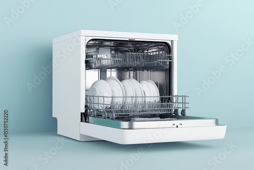 Compact White Dishwasher on Countertop with Clean Dishes Inside