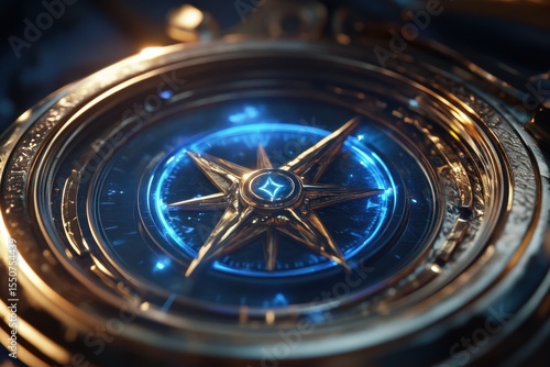Intricate Compass Design Illuminated by Blue Light with Star Motif