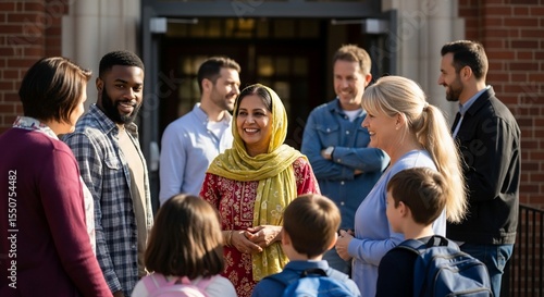 Diverse group of parents and children gather outside school entrance, smiling