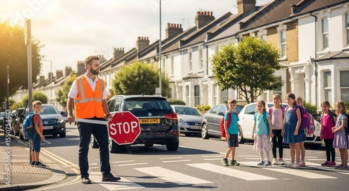 Crossing Guard Helping School Children Cross Street with Stop Sign on Sunny Day