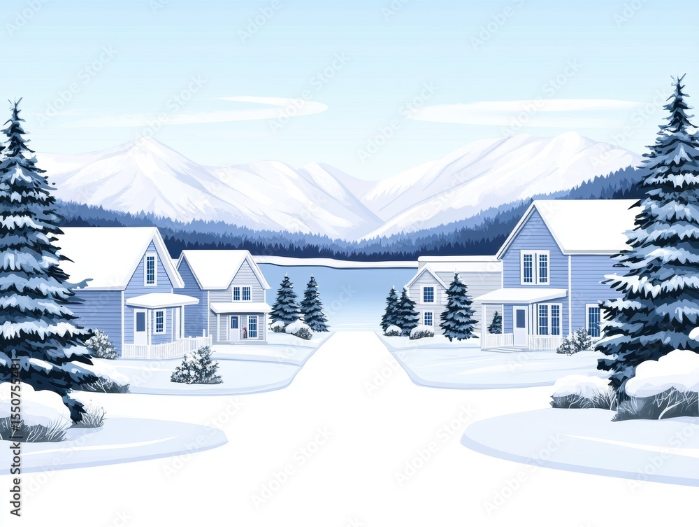 Naklejka premium Snowy Village by a Lake