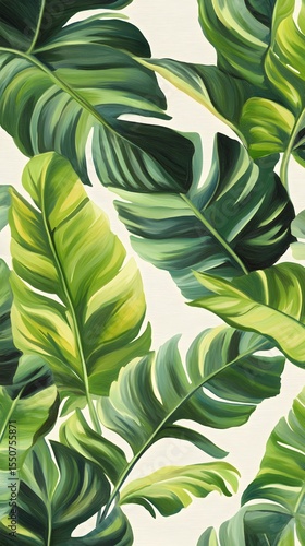 Lush Tropical Banana Leaves Painting, Green Foliage, Nature Artwork