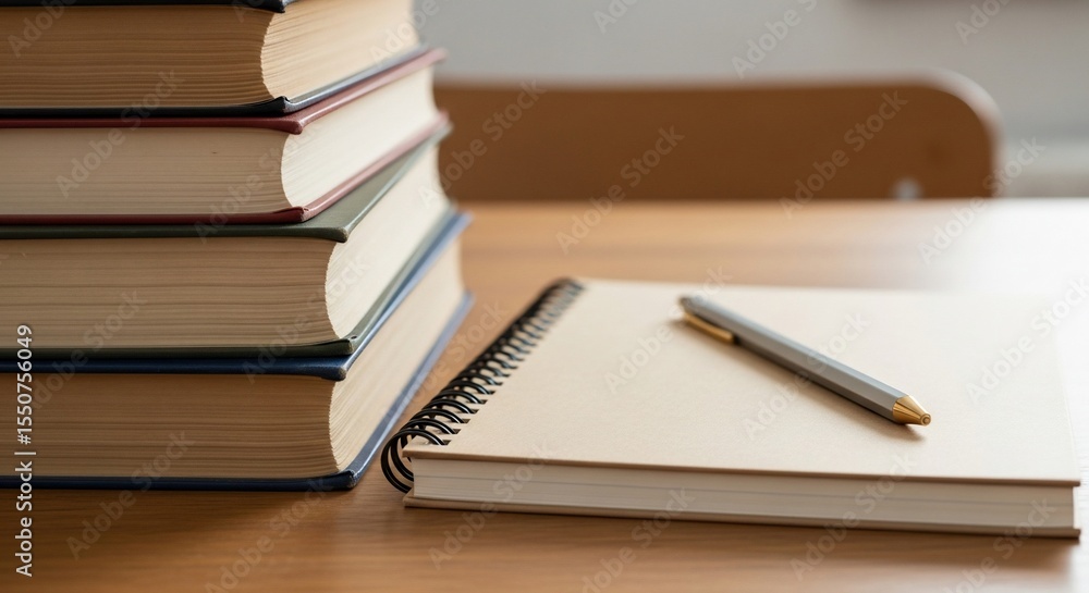 Naklejka premium Stacked books with notebook and pen on wooden desk, study session
