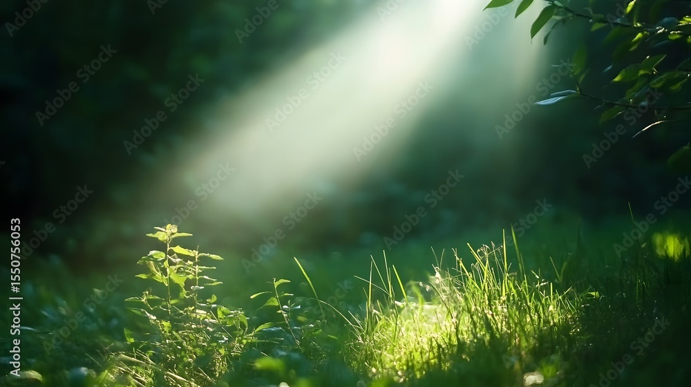 Fototapeta premium Magical Sunbeams through Green Forest Grass