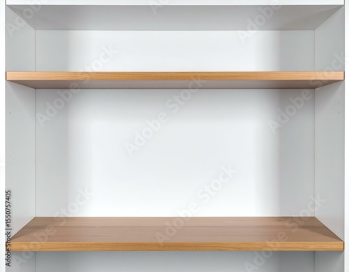 Wallpaper Mural Empty white bookcase with two light brown wooden shelves. Perfect for showcasing products or adding text. Torontodigital.ca