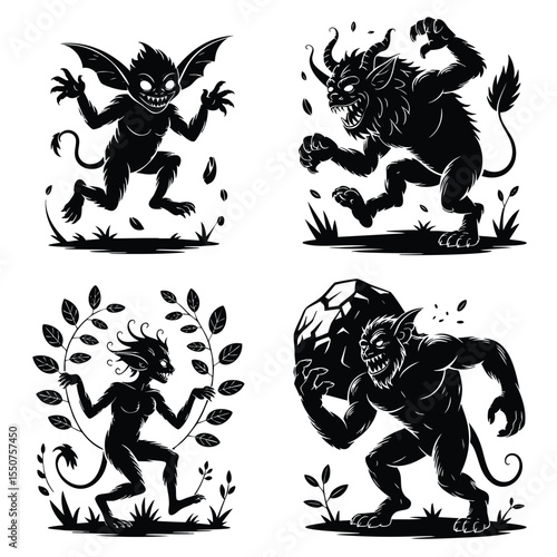 Silhouette Illustrations: Four Mythical Creatures in Action