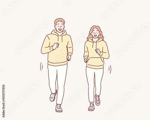 Man and Woman Running Together for Outdoor Exercise. Hand drawn style vector design illustrations.