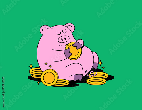 Cute cartoon illustration of a pink pig joyfully holding a shiny gold coin while sitting among stacked coins on a green background. Perfect for finance, saving, investment or piggy bank-themed content