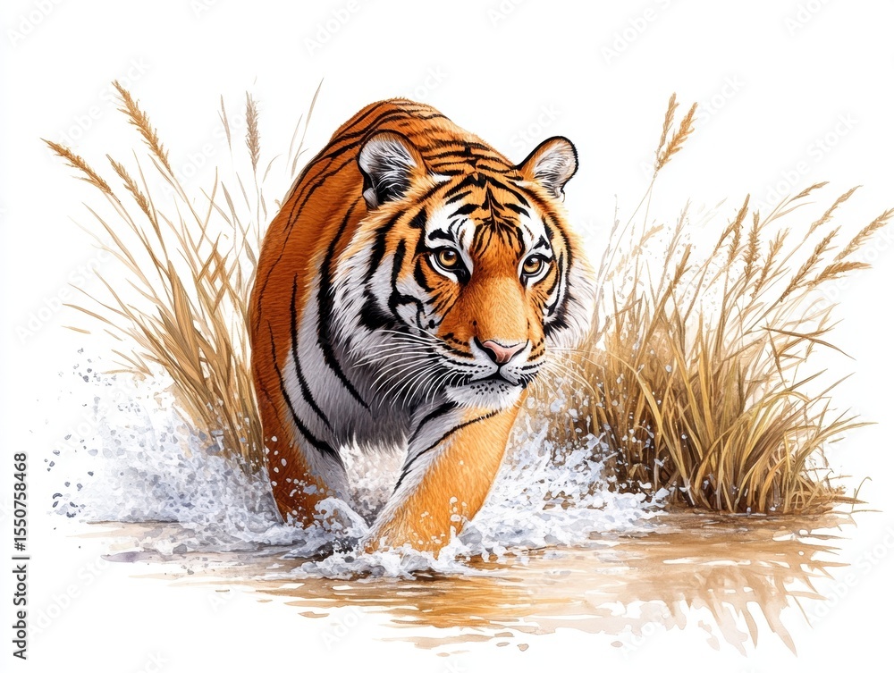 Obraz premium Tiger strides through shallow water