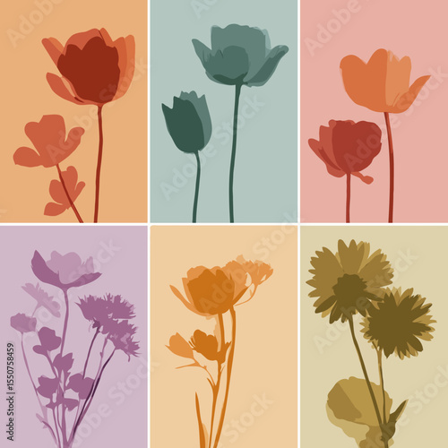 Floral vector silhouettes collage with various flowers in soft colors, artistic design, copy space