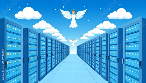 Heavenly cloud data center with rows of blue servers extending to a bright blue sky, adorned with white clouds and angels, symbolizing cloud computing, data storage, and digital infrastructure.