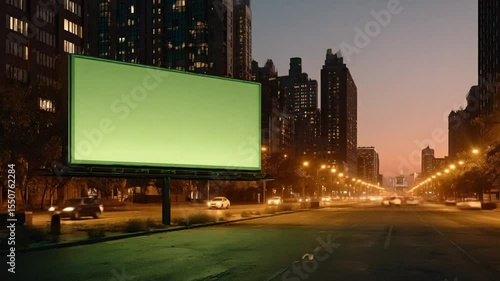Billboard glowing at night in New York City skyline with empty ad space in urban street setting