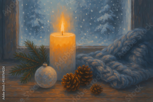 Cozy Winter Candlelight by the Window - Holiday Digital Painting