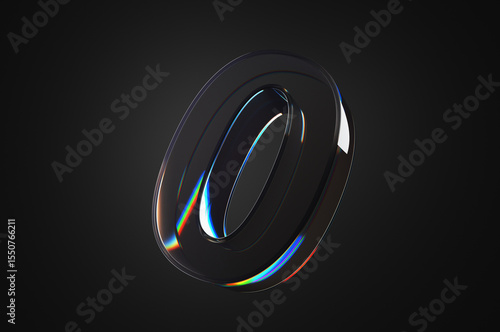 Close up glass number zero on black background. 3d rendering illustration