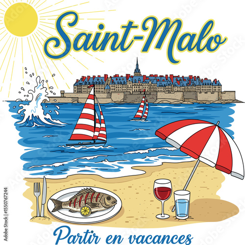 watercolor paint Saint Malo skyline, france landscape. saint malo vintage t-shirt design. vintage retro graphics. beach graphics. italian food fashion design.