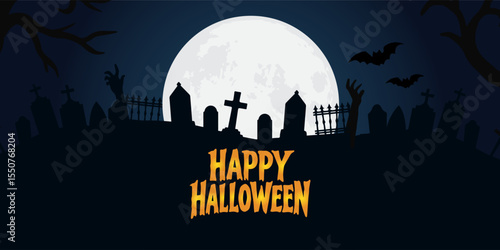Happy Halloween poster, cards, flayer with yellow, dark blue, purple and orange design, pumpkins smile, tree, bat flying, ghost, spider, banner design on black background, set of Halloween for holday.