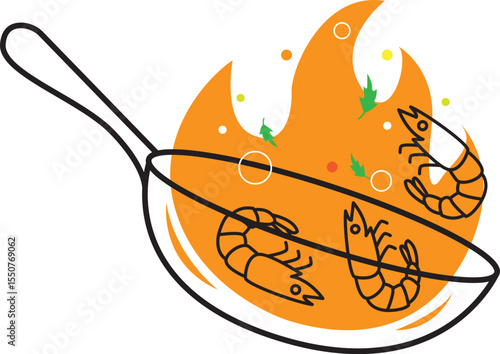 Illustration of a wok and shrimp and seasonings in it