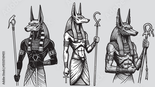 Engraved Anubis god of afterlife jackal head and scepter bold cosmic ancient Egypt design