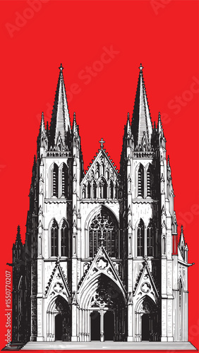 Engraved gothic cathedral towering spires dark arches intricate stained glass cosmic vintage design